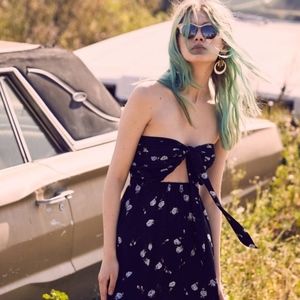 For Love & Lemons Blue Floral Strapless Shirtdress